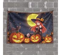 Tapsterys Wall Halloween Witch with Pumpkins Under The Moon Tapestry Funny Decor for Bar Funny Home Decor(75X100CM)