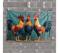 Tapsterys Wall Three Colorful Roosters Standing in Front of A Wooden Fence Tapestry Funny Decor for Bar Funny Home Decor(100X150CM)