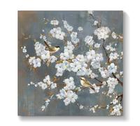 TAR TAR STUDIO White Apricot Blossoms with Birds Canvas Wall Art - Decor for Living Room, Bedroom, Office - 12x12 Inch