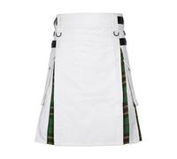 Tara Murphy White Cotton Hybrid Kilt, 24" Length, Tartan Under Pleats, Side Cargo Pockets, Adjustable Leather Straps (34 inches / 86 cm)