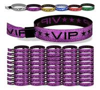 TARACANA 110 Count Purple VIP Identification Wristbands with Secure Locking Clip. Must Have Adjustable Sparkle Wrist Bands for Events, Parties, Weddings and Festivals.