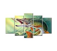 Targawerelax Wall Art 5 Piece Canvas Art Animals Fishing Hooked Pike Fish Poster And Prints Canvas Wall Pictures For Living Room Home Decor 150x80cm
