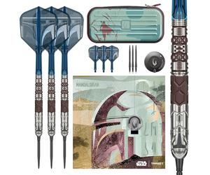 Target Darts Star Wars Mandalorian 95% Tungsten Steel Tip Darts, 22G/24G/26G | Black Swiss Storm Points, Black & Blue K-Flex No.6/No.2 Shafts & Flights, Premium Swiss Keyring Tool & Takoma Wallet