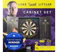 Target Darts Luke Littler Cabinet & Dartboard Set | Player Edition ‘The Nuke’ Dart Board Cupboard Set with 2 Sets of Steel Tip Darts, Score Charts, Competition Standard Throw Line