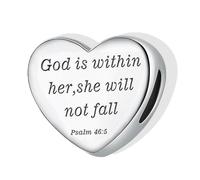 TARGONIX Heart Alloy Bead Charm for Bracelet, Engraved “God Is Within Her, She Will Not Fall” Inspirational Bead, DIY Jewellery Accessory Compatible with Pandora Style Bracelets