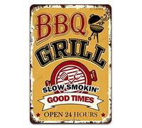 Tarika Barbecue Vintage Retro Metal Tin Sign, BBQ Grill Slow Smokin' Good Times Open 24 Hours for Bar Backyard Kitchen Club Outdoor Street Garage Home Hotel Wall Art Decor Signs 12X8 Inch