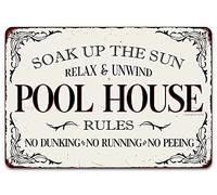 Tarika Vintage Swim Pool Tin Sign, Soak Up The Sun Relax And UnWind Pool House Rules No Dunking No Running No Peeing Metal 8x12 Inch Retro Wall Decor for Home Seaside Pool Outdoor Fence Wall Decor