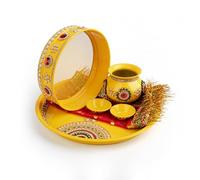 Tarini Gallery Handcrafted Karwa Chauth Thali Set with Bowls and Kalash Decorated Steel Plate Platter with Essential Pooja Articles for Festival Rituals and Gifting (Yellow)
