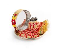 Tarini Gallery Handcrafted Karwa Chauth Thali Set with Kalash and Channi Decorated Steel Plate Platter with Essential Pooja Articles for Festival Rituals and Gifting (Golden & Red)