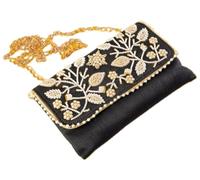 Tarini Gallery Handmade Sling Bag Purse Wallet Batawa Clutch Hand Stitched Traditional Ethnic Work Wedding Envelope for Women for Party Wedding Special Occasion and Gifting (Black - 8"x5") (Black)