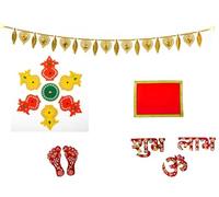 Tarini Gallery Pooja Essentials Combo Set Toran Acrylic Rangoli Kolam Aasan Shubh Labh Lakshmi Charan Paduka Stickers for Festival Diwali Pujan Mandir Home Office and Gifting (Pooja Set)