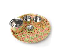 Tarini Gallery Pooja Thali Set with Essential Pooja Articles for Rituals Festivals Home Temple Office Wedding and Gifting (Pink & Green)