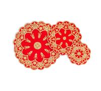Tarini Gallery Set of 3 Pooja Asan Red Round Velvet Traditional Multipurpose Decorative Cloth Aasan for God Idol Sitting Thalcover Thalposh Diwali Decorations Festival and Gifting (Design-2)