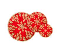 Tarini Gallery Set of 3 Pooja Asan Red Round Velvet Traditional Multipurpose Decorative Cloth Aasan for God Idol Sitting Thalcover Thalposh Diwali Decorations Festival and Gifting (Design-1)