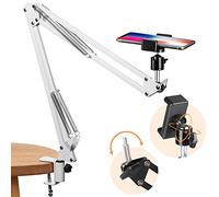 TARION Overhead Tripod Mount Articulating Phone Holder Video Webcam Stand Lazy Arm Clamp Table Desktop Suspension Scissor Arm Stand (White)