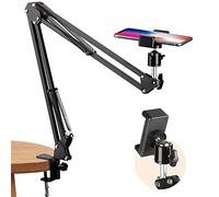 TARION Overhead Tripod Mount Articulating Arm Phone Holder Video Webcam Stand Lazy Arm Clamp Table Desktop Suspension Scissor Arm Stand (Black)