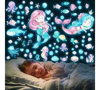 Tarklanda Glow in The Dark Mermaid Wall Decals Luminous Sticker Ceiling Decor Glowing Under The Sea Ocean Fish Wall Stickers for Kids Girls Bedroom Baby Nursery Wall Decor Blue