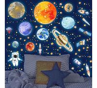 Tarklanda Glow in The Dark Stars and Planet Bright Solar System Wall Stickers Galaxy Astronaut Rocket Fluorescent Luminous Adhesive Decals for Nursery Kids Bedroom Ceiling Birthday Boys Girls Blue