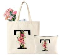 Tarklanda Initial Canvas Tote Bag, Personalized Present Bag with Makeup Bag, Suitable for Wedding, Birthday, Beach, Holiday, Great Gift for Women, Mom, Teachers, Friends, Bridesmaids(T)