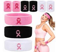 TAROME 9pcs Breast Cancer Awareness Sweatband Sets - 3pcs Sports Headbands and 6pcs Wristbands White Pink Black Cotton Sweat Band with Pink Ribbon for Breast Cancer Survivor Charity Event