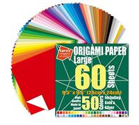 [Taro's Origami Studio] Large 9.5 Inch One Sided 50 Colors 60 Sheets Square Easy Fold Premium Japanese Paper for Beginner (Gold and Silver Included)