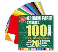 [Taro's Origami Studio] Standard 6 Inch One Sided 20 Colors 100 Sheets Square Easy Fold Premium Japanese Paper for Beginner (Gold and Silver Included) Made in Japan