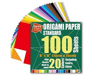 [Taro's Origami Studio] Standard 6 Inch One Sided 20 Colors 100 Sheets Square Easy Fold Premium Japanese Paper for Beginner (Gold and Silver Included) Made in Japan