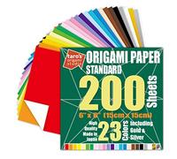 [Taro's Origami Studio] Standard 6 Inch One Sided 23 Colors 200 Sheets Square Easy Fold Premium Japanese Paper for Beginner (Gold and Silver Included)