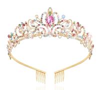 TAROSE Rainbow and Gold Crowns for Women and Girls, Queen Crystal Tiaras with Colorful Rhinestone and Combs, Goddess Crown for Wedding Bride Birthday Princess Prom Cosplay Bridal Hair Accessories