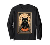 Tarot Black Cute Cat Halloween Cat on Pumpkin Vintage Long Sleeve T-Shirt