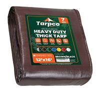 Tarpco Safety - Tarpaulin Waterproof Heavy Duty(130 g/m²|12′ X 16′ | 3.65m X 4.85m|Brown/Black-7 Mil) UV Resistant, Tear Proof, Protective Poly Tarpaulin with Reinforced Edges for Multi-purpose usage