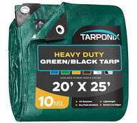Tarponix 20' x 25' Dual-Sided Heavy-Duty Tarp - 10 Mil Tear-Resistant Green & Black Cover with Reinforced Edges and Anti-Rust Grommets