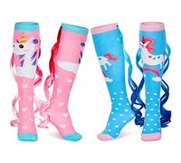 Tarpop 2 Pairs Fun Silly Wacky Socks Compression Unicorn Mermaid Socks with Wigs Novelty Crazy Funny Gift for Kids Woman, Heart Style, L