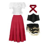 Tarpop 5 Pcs Halloween Gypsy Costume Accessories for Women Fortune Teller Pirate Dancer for Renaissance Medieval, Dark Red, Medium
