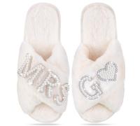 Tarpop Bride Slippers Mrs Slipper for Wedding with Personalized Initial Pearl Design Bridal Gifts, White, 9-10