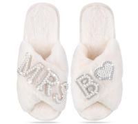 Tarpop Bride Slippers Mrs Slipper for Wedding with Personalized Initial Pearl Design Bridal Gifts, White, 7-8