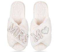 Tarpop Bride Slippers Women's Adult Creamy White Size 7-8 US Open Toe Wedding Slippers Fluffy Fabric Rhinestone Letters M