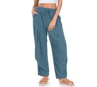 TARSE Women Linen Baggy Harem Pants Summer Drawstring Casual Lounge Pant 2024 Beach Travel Vacation Clothes with Pockets, Lake Blue, M
