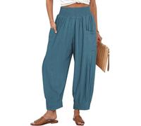 Tarse Women Linen Boho Pants Summer Casual Loose High Waist Cargo Lounge Harem Pant 2024 Beach Travel Vacation Outfits, Lake Blue, Large