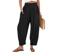 TARSE Women Linen Boho Pants Summer Casual Loose High Waist Cargo Lounge Harem Pant 2024 Beach Travel Vacation Outfits, Black, S