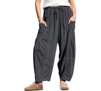 TARSE Womens Corduroy Pants Barrel Casual Loose Baggy Drawstring Wide Leg Palazzo Harem Pants with Pockets, Dark Gray, S
