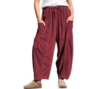 Tarse Womens Corduroy Pants Barrel Casual Loose Baggy Drawstring Wide Leg Palazzo Harem Pants with Pockets, Wine, Large