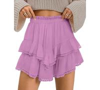 TARSE Womens Flowy Shorts High Waist Pleated Mini Skirts Casual Boho Ruffle Tiered Skorts Cute Versatile Fashion Shorts, Pink Purple, XL