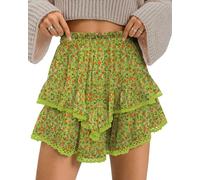 TARSE Womens Flowy Shorts High Waist Pleated Mini Skirts Casual Boho Ruffle Tiered Skorts Cute Versatile Fashion Shorts, Floral Green Yellow, L
