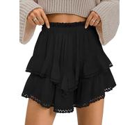 TARSE Womens Flowy Shorts High Waist Pleated Mini Skirts Casual Boho Ruffle Tiered Skorts Cute Versatile Fashion Shorts, Black, XXL