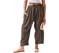 TARSE Womens Linen Wide Leg Pants Casual Loose Drawstring Low Waist Beach Palazzo Harem Pants with Pockets, Dark Coffee, XL