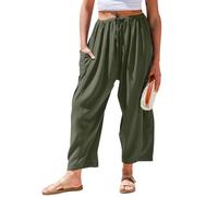 TARSE Womens Linen Wide Leg Pants Casual Loose Drawstring Low Waist Beach Palazzo Harem Pants with Pockets, Green, Large