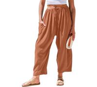 TARSE Womens Linen Wide Leg Pants Casual Loose Drawstring Low Waist Beach Palazzo Harem Pants with Pockets, Red Brown, XL