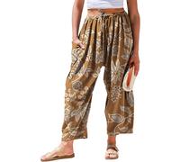 TARSE Womens Linen Wide Leg Pants Casual Loose Drawstring Summer 2025 Beach Travel Vacation Palazzo Harem Pants with Pockets, Flower Leave Brown, Large