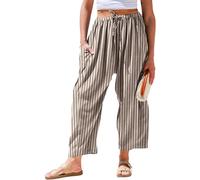 TARSE Womens Linen Wide Leg Pants Casual Loose Drawstring Summer 2025 Beach Travel Vacation Palazzo Harem Pants with Pockets, Stripe Brown Beige, Large